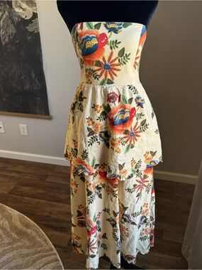Christian Lacroix Strapless Cream Maxi Dress with Multicolor Floral Embroidery